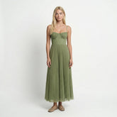 Pleated Fit and Flare Midi Dress – Round Neck, Defined Waist, Elegant Womens