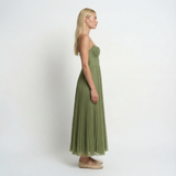 Pleated Fit and Flare Midi Dress – Round Neck, Defined Waist, Elegant Womens
