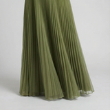 Pleated Fit and Flare Midi Dress – Round Neck, Defined Waist, Elegant Womens