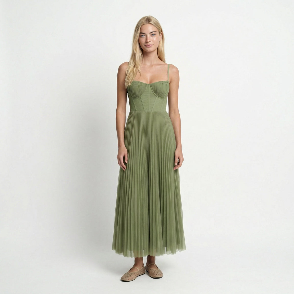 Pleated Fit and Flare Midi Dress – Round Neck, Defined Waist, Elegant Womens