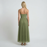 Pleated Fit and Flare Midi Dress – Round Neck, Defined Waist, Elegant Womens
