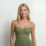 Pleated Fit and Flare Midi Dress – Round Neck, Defined Waist, Elegant Womens